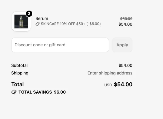 A checkout cart of two Serums for $60 with the SKINCARE 10% off $50+ discount applied, total $54.00 and total savings $6.00.